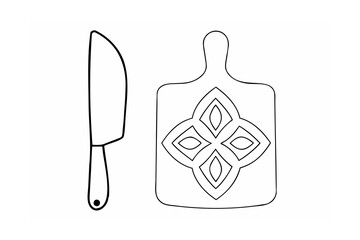 Black line drawing of knife and cutting board with floral design