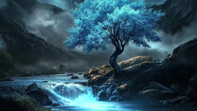Mystical glowing blue tree beside a flowing river in a serene valley landscape, Glowing blue tree by a flowing river in a mystical mountain landscape at night