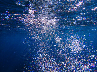 Bubbles under the sea in the crystal clear green sea water. Mediterranean sea bubbles, Air bubbles...