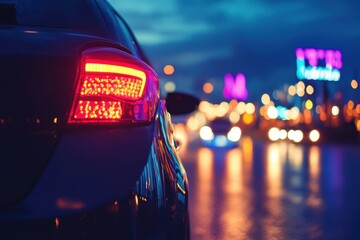 Car driving along a road with vibrant neon lights illuminating the surroundings at nighttime, dance text over car driving on road