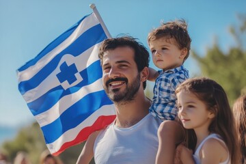 Father with children holding Greek flag enjoys sunny outdoor event during summer holiday, flag of greece over caucasian father with children taking photo in park