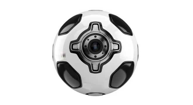 White futuristic security camera drone with black accents on a dark background product photography on transparent background