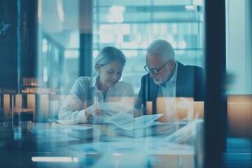 Collaboration on financial data processing among experienced professionals in a modern office setting, financial data processing over senior caucasian couple checking bills