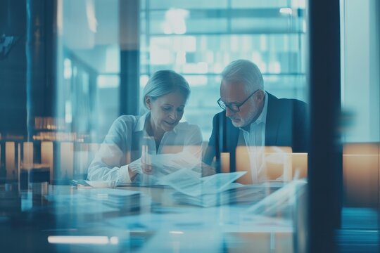 Collaboration on financial data processing among experienced professionals in a modern office setting, financial data processing over senior caucasian couple checking bills