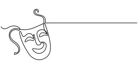 theater mask continuous one line drawing, theater mask tragedy and humor continuous line art, Theater mask tragedy and humor one line continuous line art. Character mask sketch. 