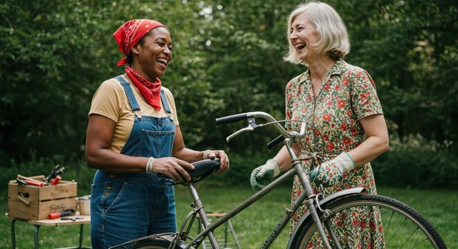 Women enjoying a bike repair session in a lush garden setting