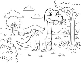 Pattern_roseOutline vector illustration of a happy cartoon Brontosaurus dinosaurus munching on leaves, set in a prehistoric landscape with trees, hills, and clouds. Perfect for children's coloring boo