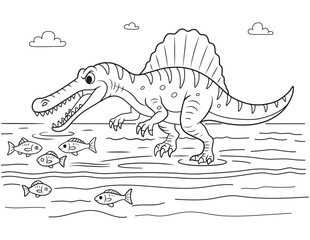 A dynamic vector illustration showing a Spinosaurus hunting fish in water, with its iconic sail. Perfect for coloring books and children's designs. Clean outline style with clouds in the background.