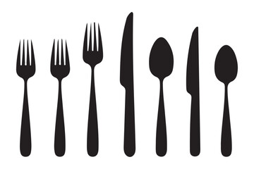cutlery - fork, knife, spoon, teaspoon silhouette shape icon set vector illustration on white background