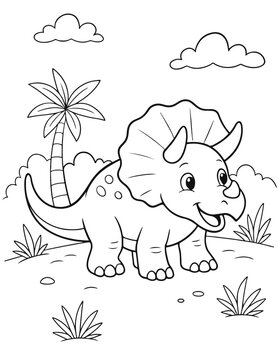 Vector line art featuring a smiling Triceratops. Ideal for children's activities, printable crafts, educational resources, and playful design projects. Outline for easy coloring books
