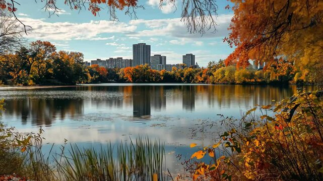 Autumn reflections on Lake Bde Maka Ska with city skyline in the background, Lake Bde Maka Ska in foreground with beautiful skyscrapers at background in Minnesota, USA