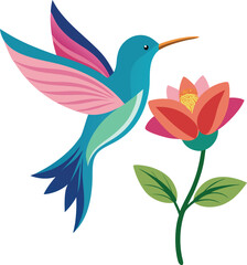 Hummingbird and flower, vector illustration of a bird with flowers