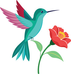 Hummingbird and flower, vector illustration of a bird with flowers