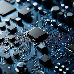 Close up of a complex electronic circuit board with glowing blue lights and intricate pathways