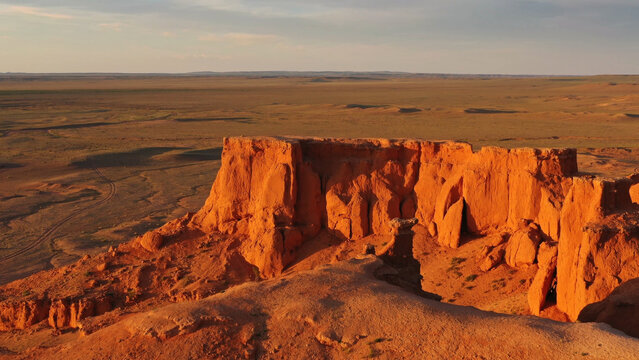Bayanzag flaming cliffs at sunset in Mongolia