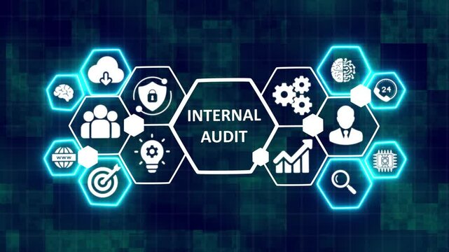 Internal Audit; Virtual Screen Display with Business, Technology, and Network Concept. Internal Audit on Digital Screen