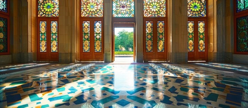 Sunlit Palace Interior with Stained Glass Windows - Powered by Adobe