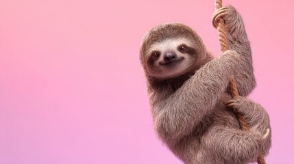Sloth climbing rope pink background