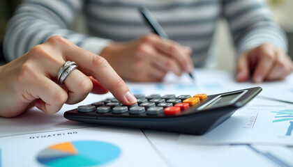 A person's hand using a calculator, with another person writing in the background