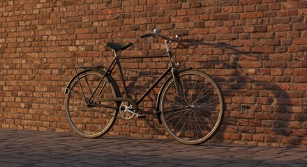 Vintage Bicycle Leaning Against Rustic Brick Wall in Golden Light
