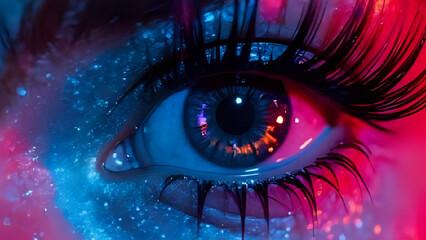 Close-up of cyberpunk eye with digital interface HUD elements overlaying the iris