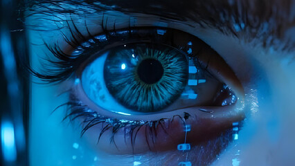 Close-up of cyberpunk eye with digital interface HUD elements overlaying the iris