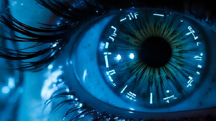Close-up of cyberpunk eye with digital interface HUD elements overlaying the iris