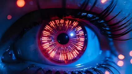 Close-up of cyberpunk eye with digital interface HUD elements overlaying the iris