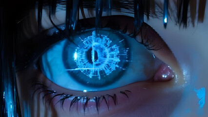 Close-up of cyberpunk eye with digital interface HUD elements overlaying the iris