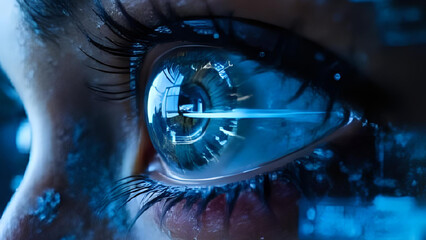 Close-up of cyberpunk eye with digital interface HUD elements overlaying the iris