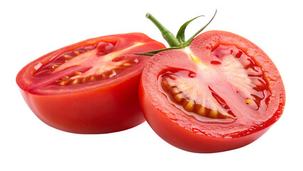 One and half cut juicy tomato isolated on white or transparent background