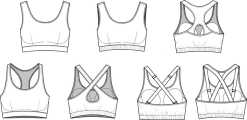 Sports bra technical flat sketch, racerback cross straps, workout activewear design, fashion vector template, gym top illustration, apparel drawing