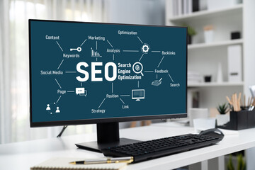 SEO search engine optimization for brisk e-commerce and online retail business showing on computer...