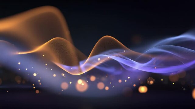 Abstract Golden and Blue Light Waves with Bokeh Particles on Black Background