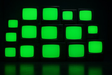 Stacked Retro CRT TVs with Green Blank Screens in Dark Room