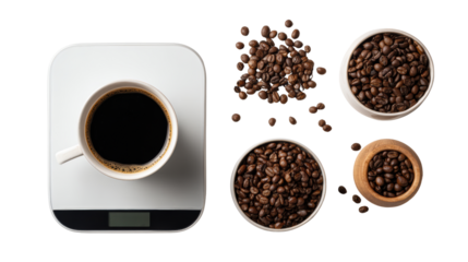 Coffee cup on scale with coffee beans in bowls, white isolate background.