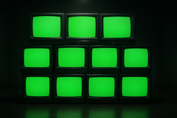Stacked Retro CRT TVs with Green Blank Screens in Dark Room