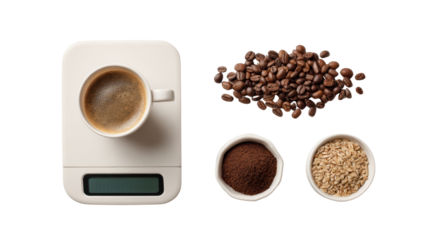 Coffee preparation with beans, grounded coffee, and scales on white isolated background.