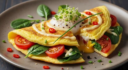 Gourmet omelette with melting cheese, tomatoes, and microgreens. Delicious brunch idea.