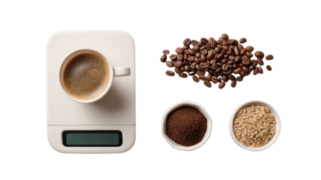Coffee preparation with beans, grounded coffee, and scales on white isolated background.