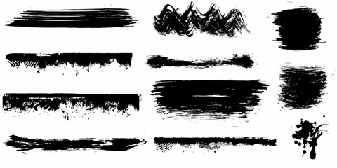 Set of black oil paint brush strokes Grunge Brushes ,Dirty textures of banners, boxes, frames, Painted objects isolated on white background 