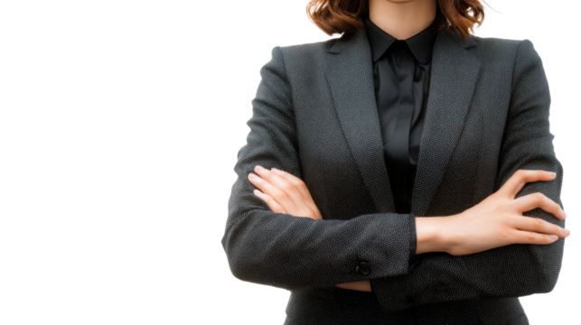 Confident businesswoman in a black suit, arms crossed, isolated white background.