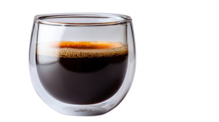 Delicious espresso in a glass cup, dark and rich, isolated on a white background.