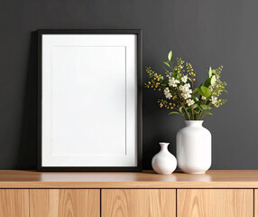 blank portrait picture frame with vase of flower on wooden countertop with black wall background