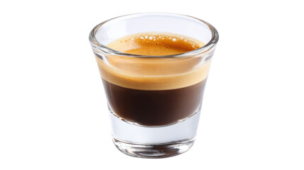 Espresso shot served in a clear glass, showcasing rich crema against a white isolated background.