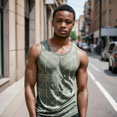 Professional photo of a young African American man, athletic build, wearing a tank top in a fashionable style, stylized, street style. Elegant calm