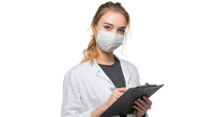 Female healthcare worker in a mask, holding a clipboard, isolated on a white background.