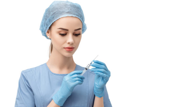 Female healthcare worker preparing a syringe in a sterile environment, wearing gloves and surgical cap, isolated.
