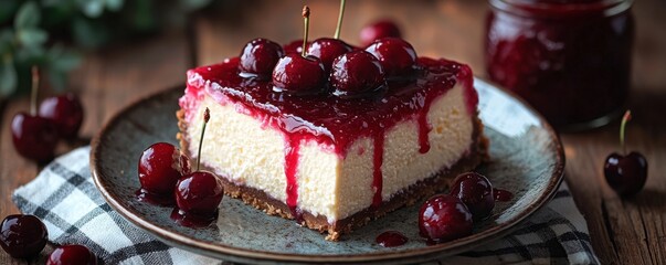 Delicious cherry cheesecake slice with rich topping on a cozy wooden background