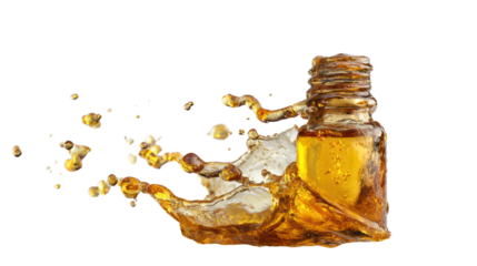 Glass bottle with liquid splash, isolated on white background.